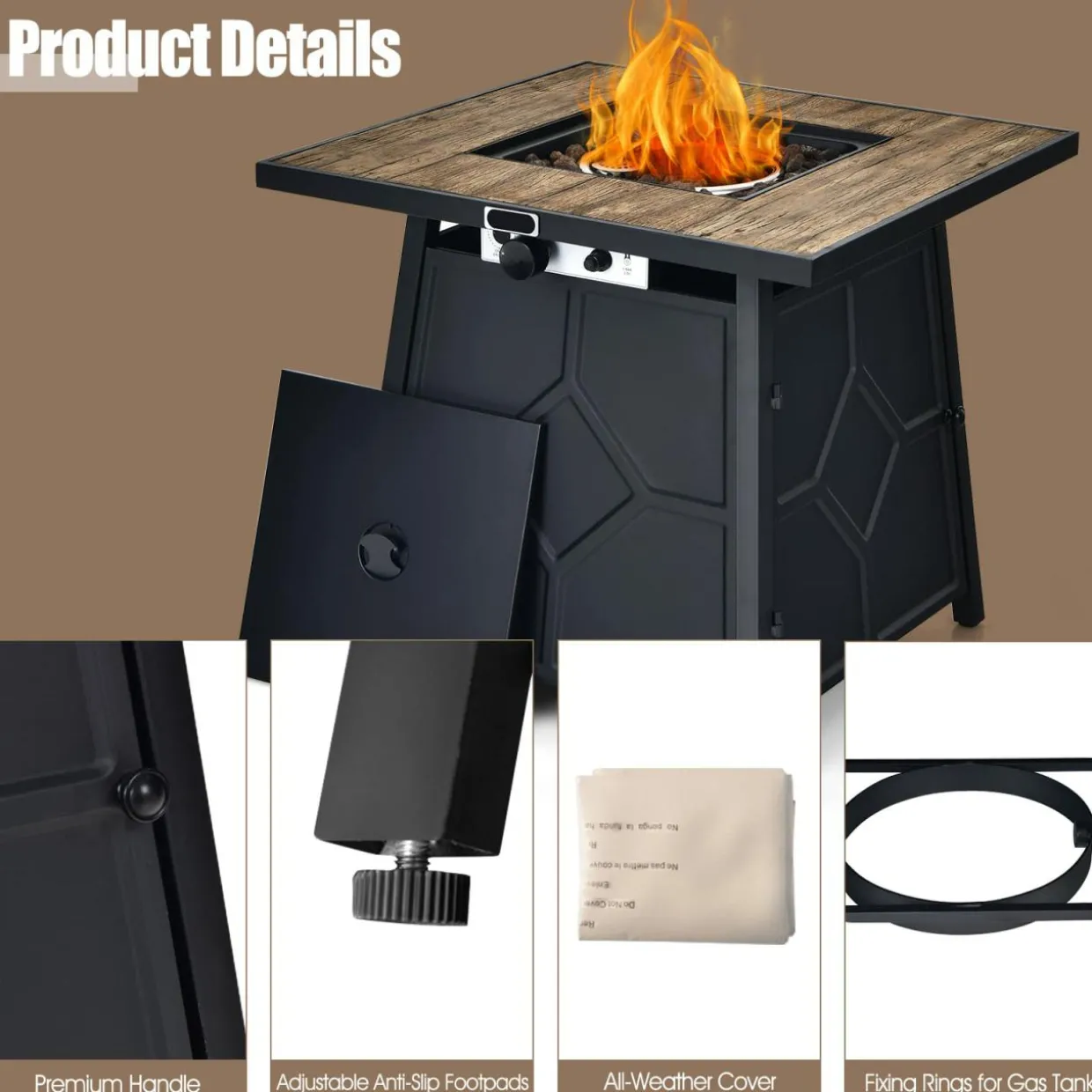 Tangkula 28 Inches Propane Fire Pit Table, 40,000 BTU Square Fire Table with Lid, Lava Stone, Waterproof Cover