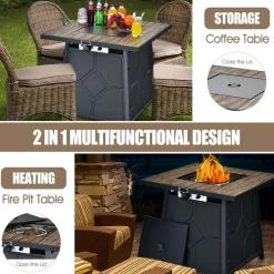 Tangkula 28 Inches Propane Fire Pit Table, 40,000 BTU Square Fire Table with Lid, Lava Stone, Waterproof Cover