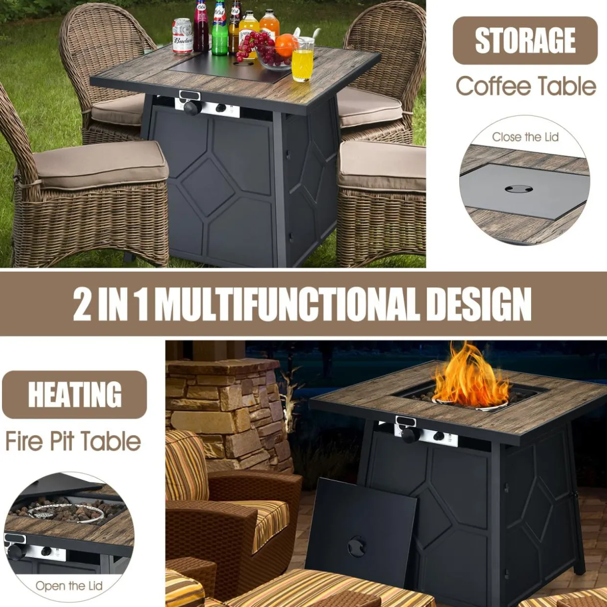 Tangkula 28 Inches Propane Fire Pit Table, 40,000 BTU Square Fire Table with Lid, Lava Stone, Waterproof Cover