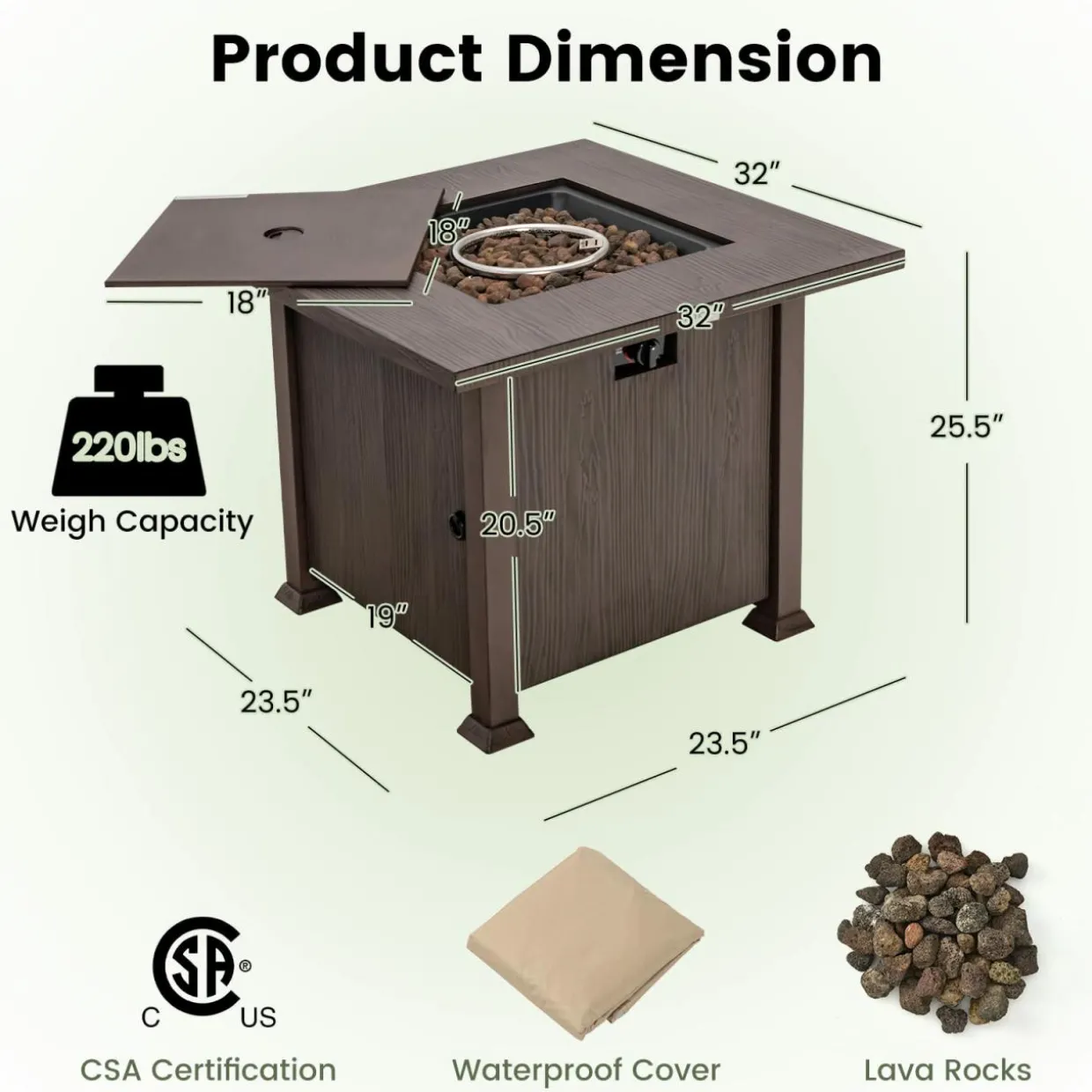 Tangkula 32 Inches Propane Fire Pit, Patiojoy 50,000 BTU Gas Fire Pit Table with Lid
