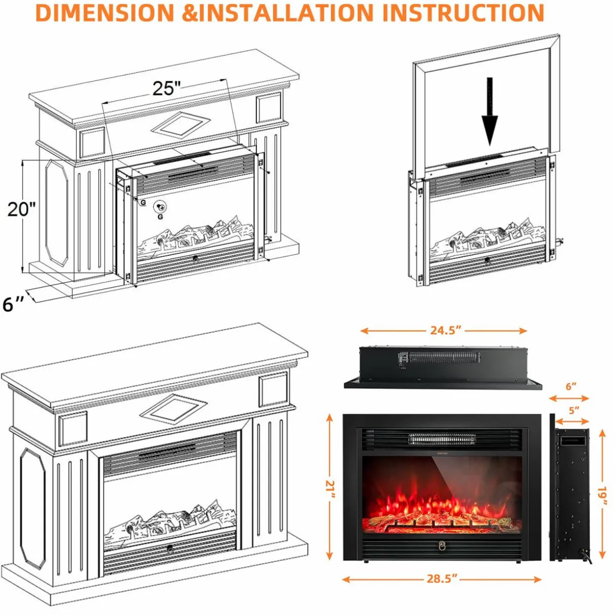 Tangkula 28.5 Inches Recessed Electric Fireplace Insert, Freestanding Fireplace Heater W/ Overheat Protection