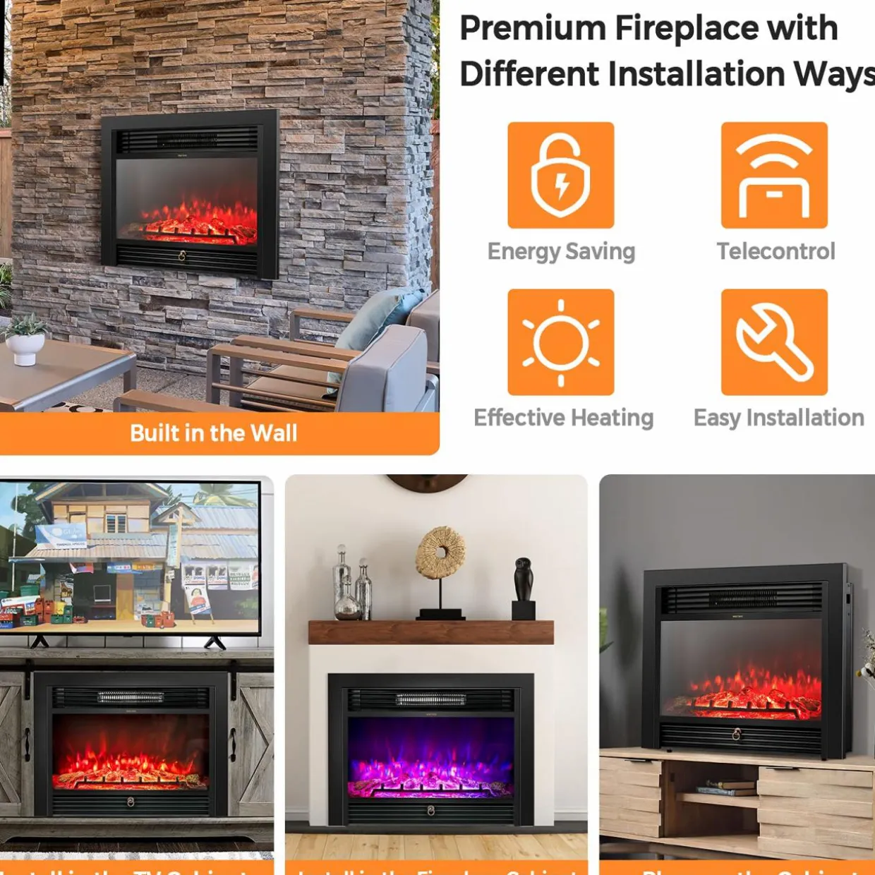 Tangkula 28.5 Inches Recessed Electric Fireplace Insert, Freestanding Fireplace Heater W/ Overheat Protection
