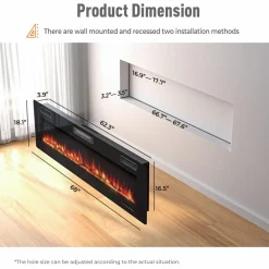 Tangkula 68 Inches Recessed Electric Fireplace, in-Wall & Wall Mounted Electric Heater with Adjustable Flame Color & Speed