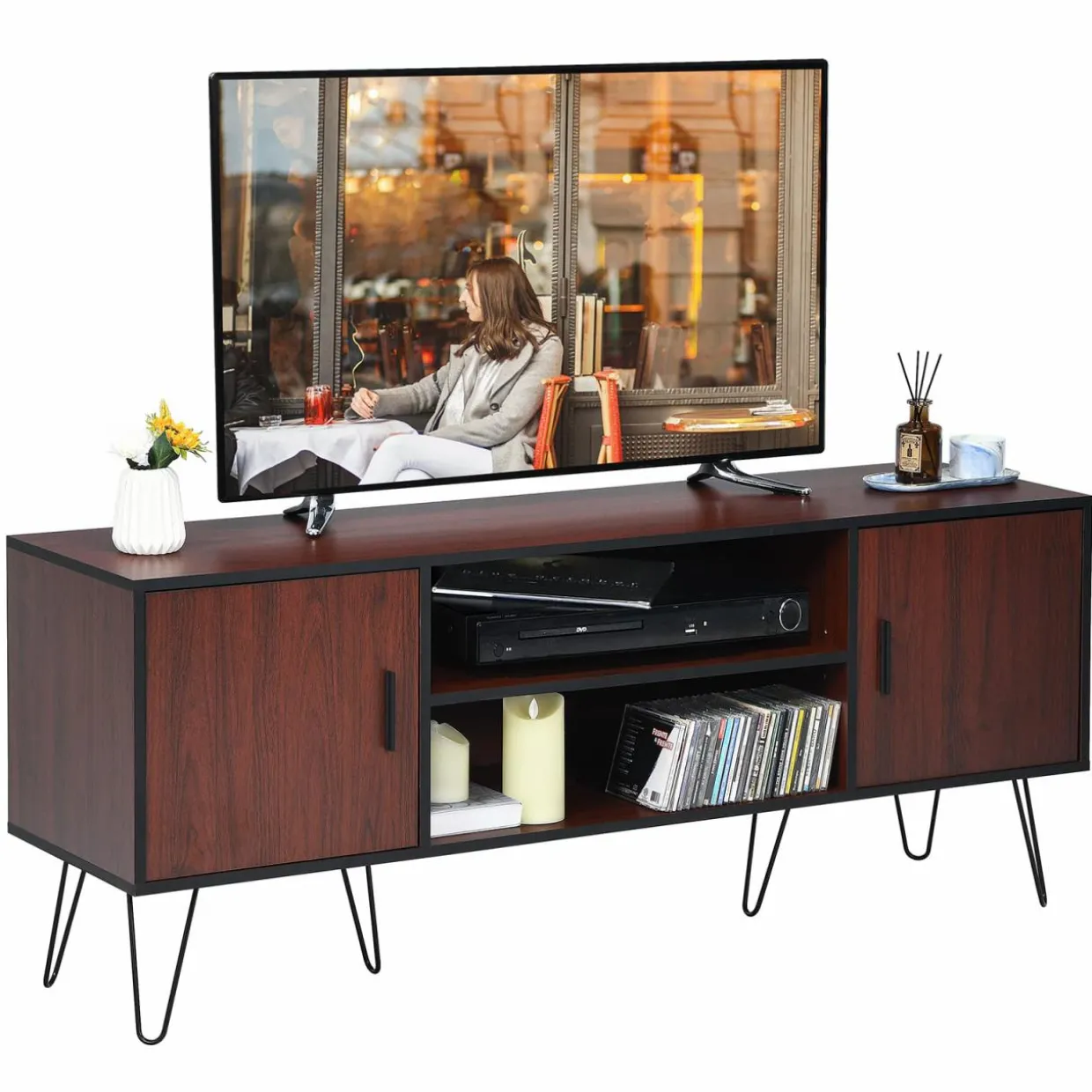 Tangkula 59 Inches Retro Wooden TV Stand for TVs up to 65 Inches