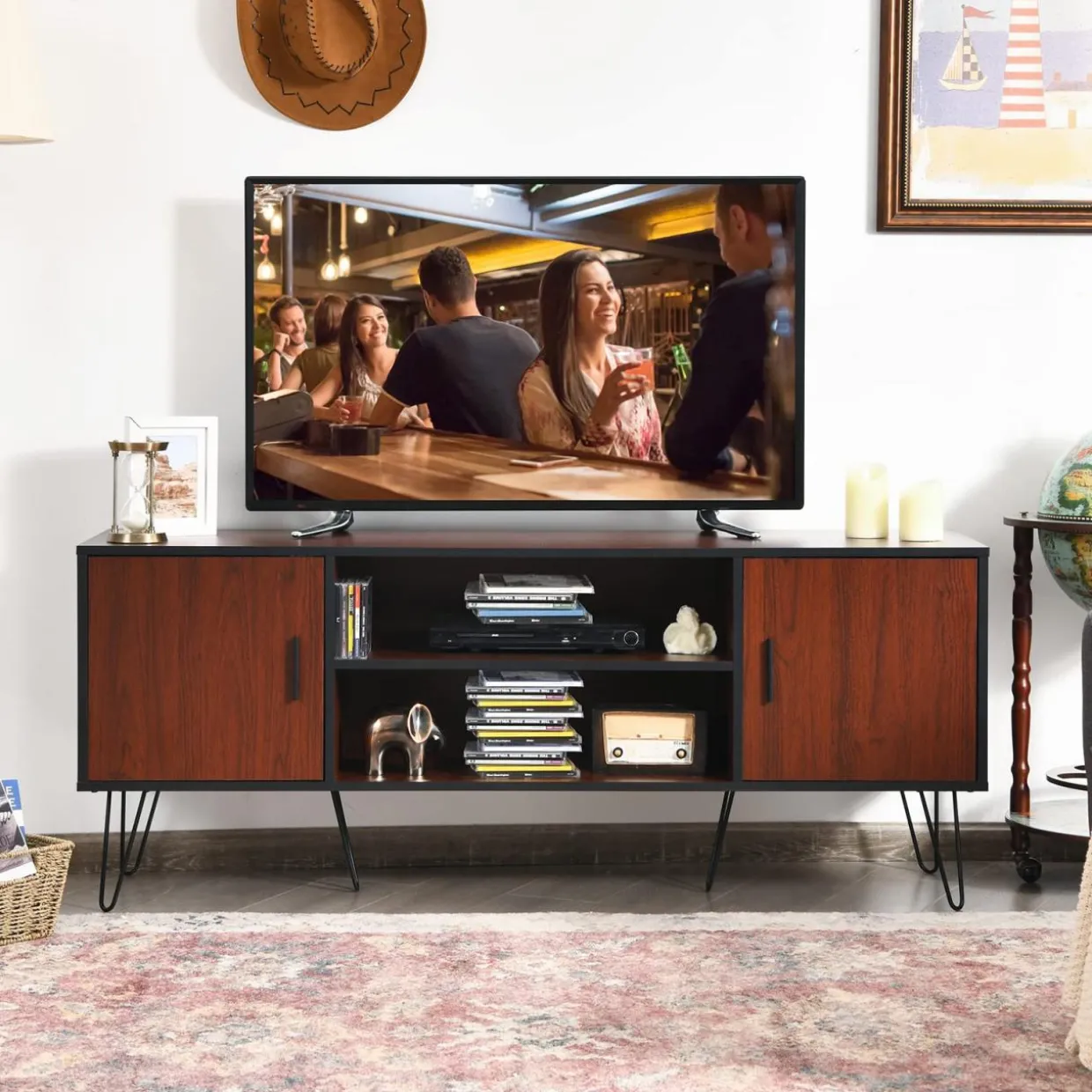 Tangkula 59 Inches Retro Wooden TV Stand for TVs up to 65 Inches