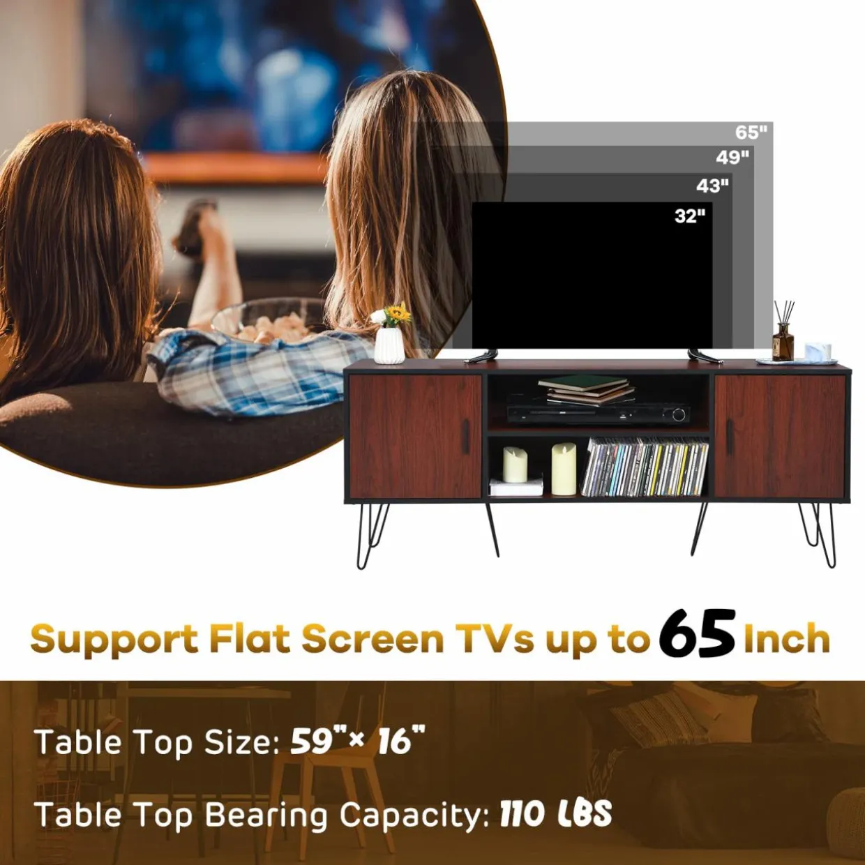 Tangkula 59 Inches Retro Wooden TV Stand for TVs up to 65 Inches