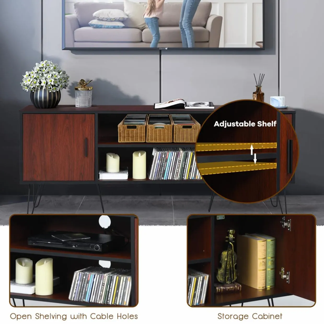 Tangkula 59 Inches Retro Wooden TV Stand for TVs up to 65 Inches