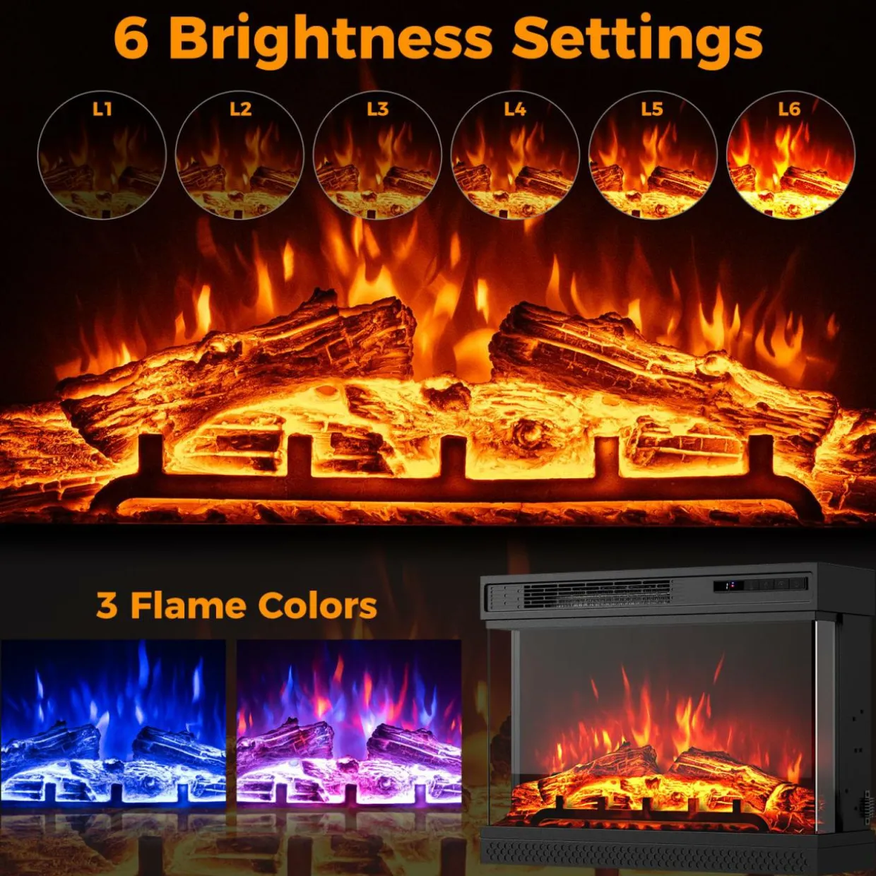 Tangkula 24 Inches 3-Sided Electric Fireplace Insert, 5,000 BTU Fireplace Log Heater with Remote Control