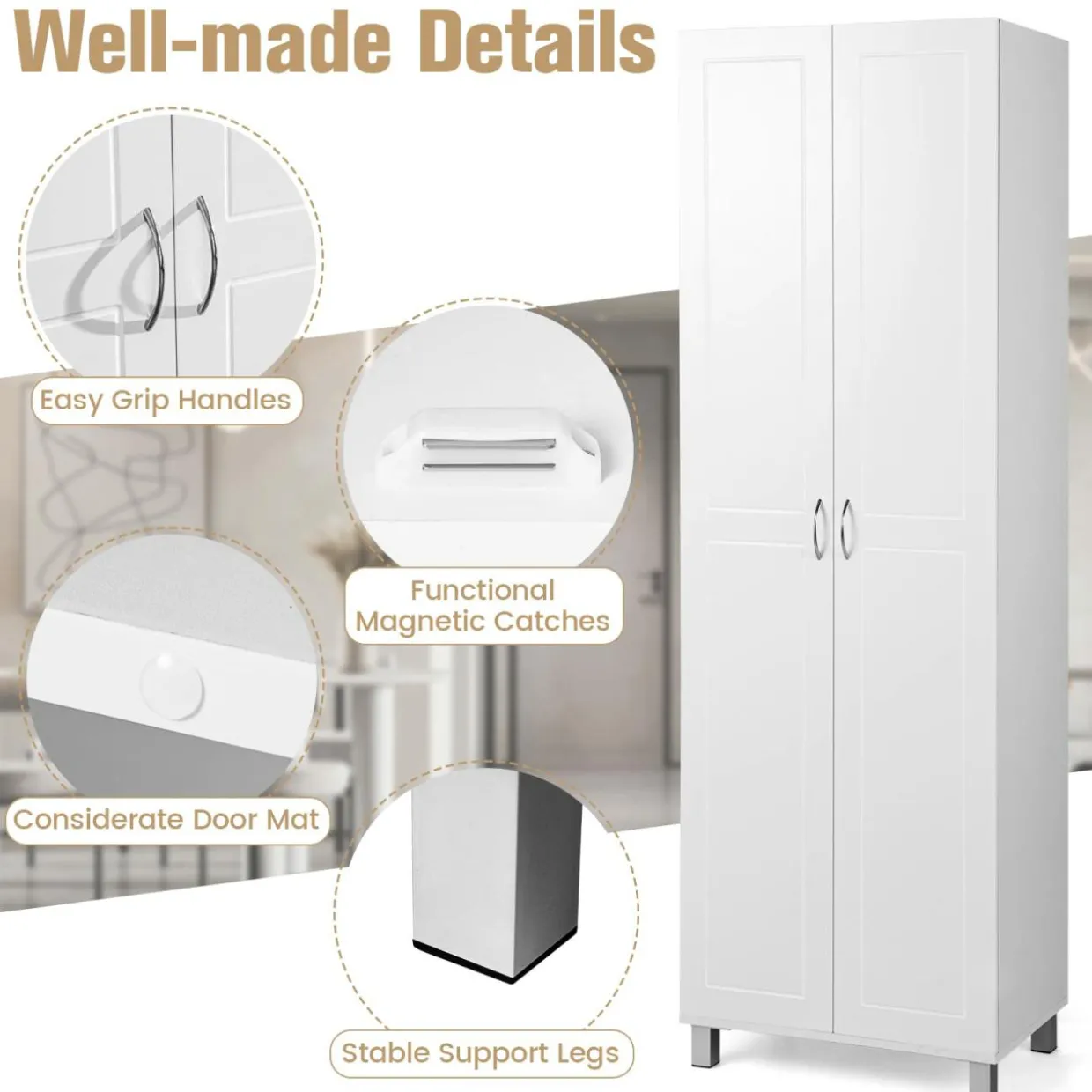 Tangkula 73.5 Inches Tall Storage Cabinet with Double Door, Freestanding Pantry Cabinet with Adjustable Shelf & Anti-tilt Design