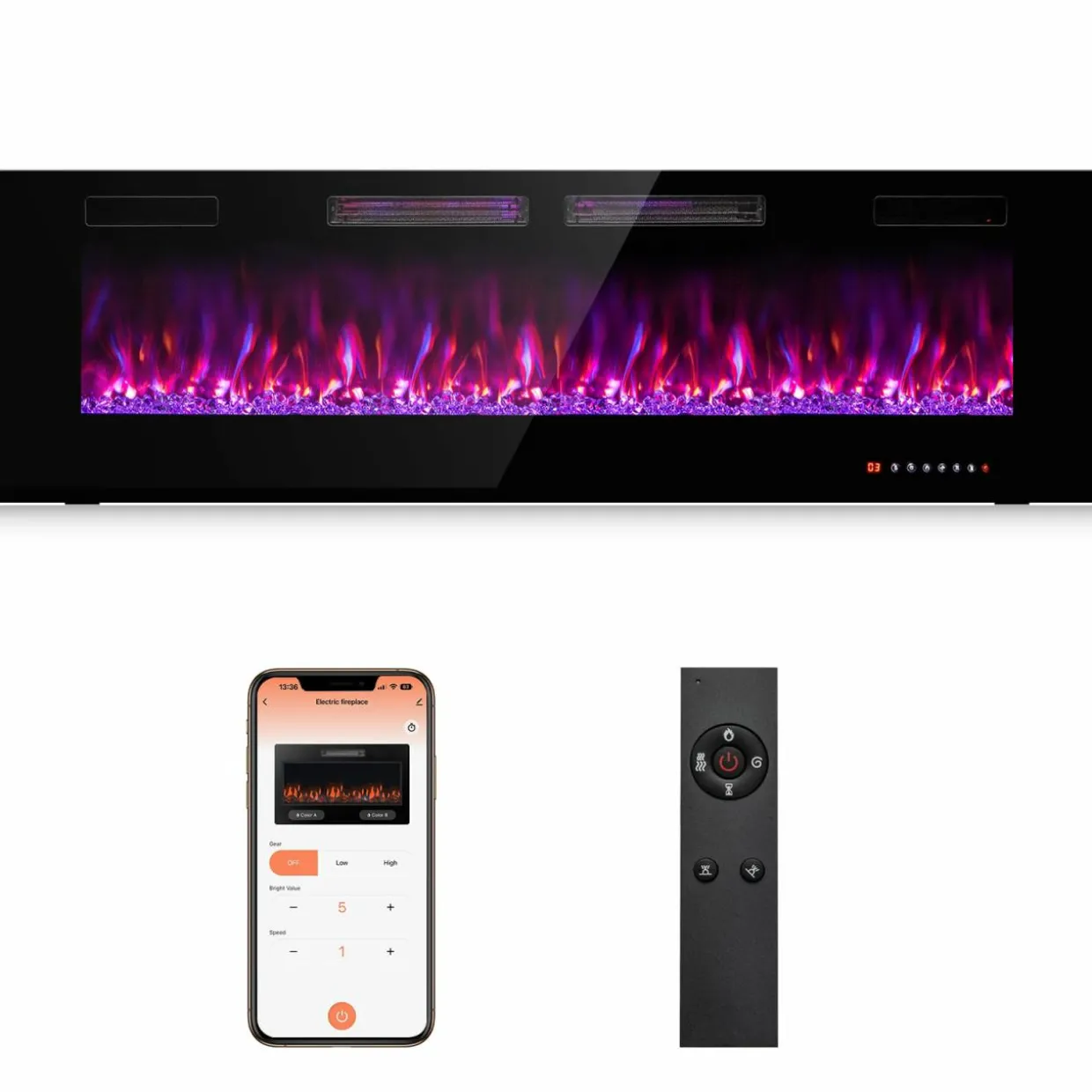 Tangkula 42/50/60/72 Inches Ultra-Thin Electric Fireplace, Wall-Mounted & Recessed Fireplace Heater with Smart APP Control, Compatible with Alexa