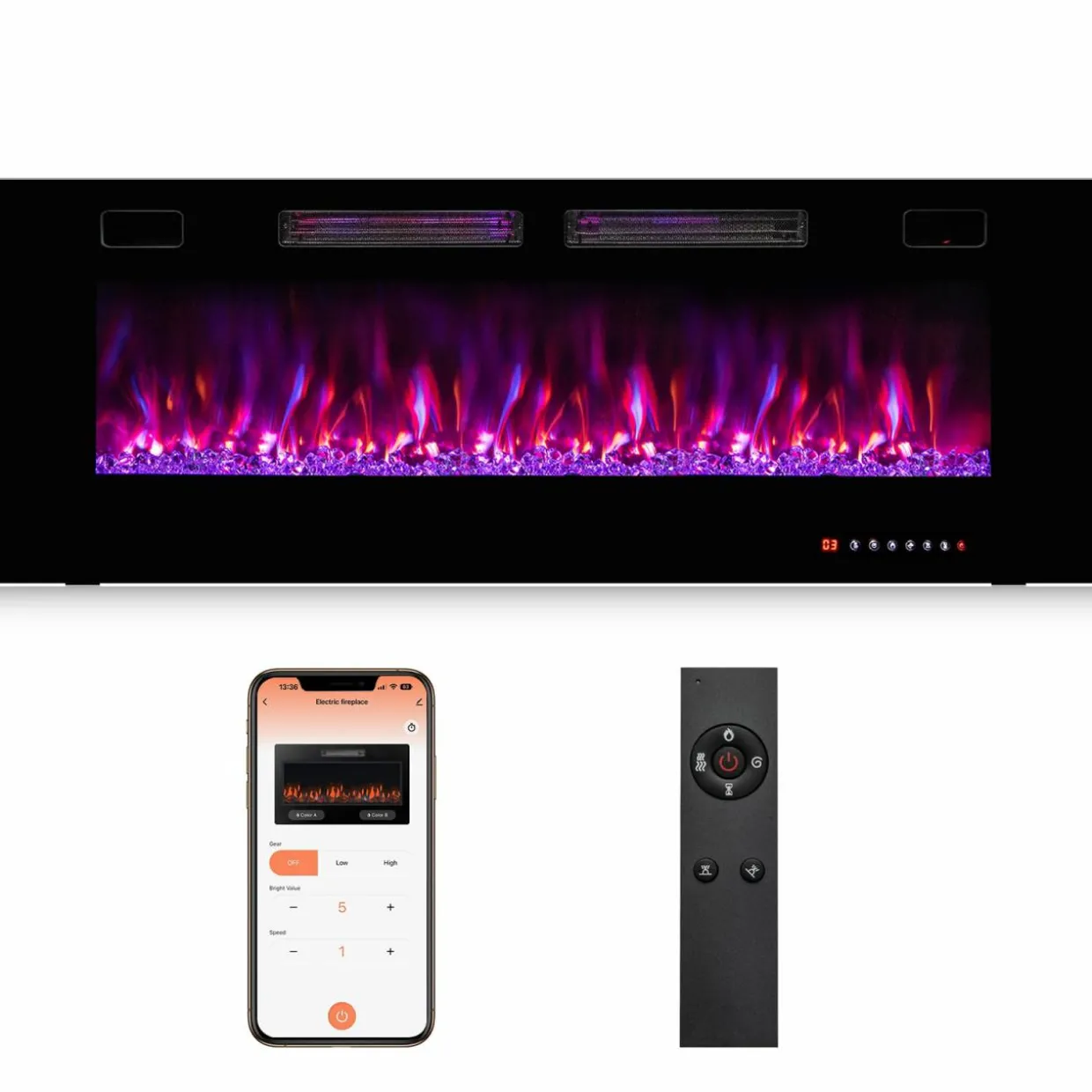 Tangkula 42/50/60/72 Inches Ultra-Thin Electric Fireplace, Wall-Mounted & Recessed Fireplace Heater with Smart APP Control, Compatible with Alexa