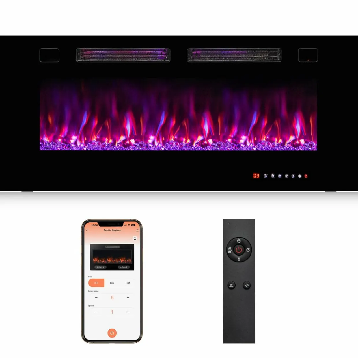 Tangkula 42/50/60/72 Inches Ultra-Thin Electric Fireplace, Wall-Mounted & Recessed Fireplace Heater with Smart APP Control, Compatible with Alexa