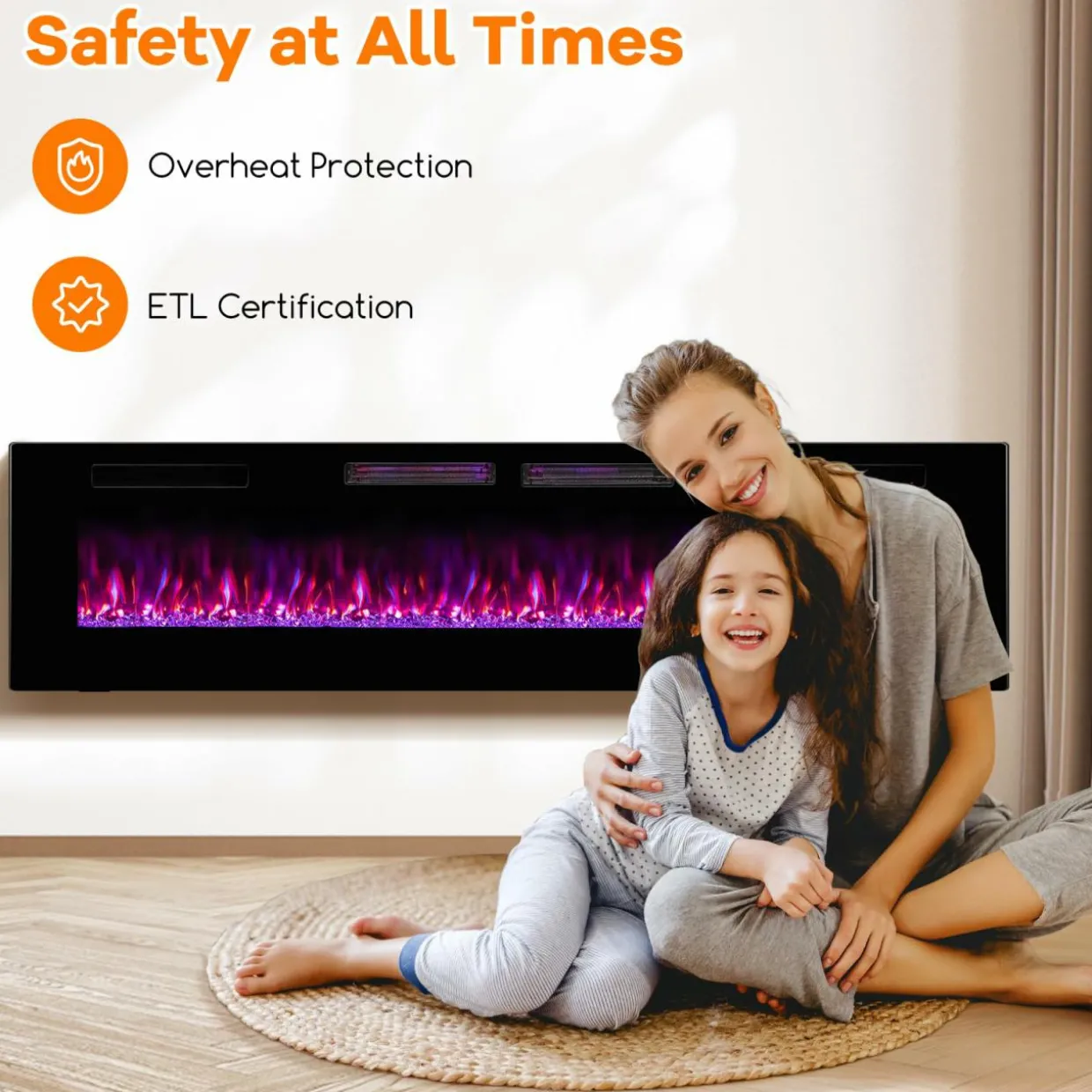 Tangkula 42/50/60/72 Inches Ultra-Thin Electric Fireplace, Wall-Mounted & Recessed Fireplace Heater with Smart APP Control, Compatible with Alexa