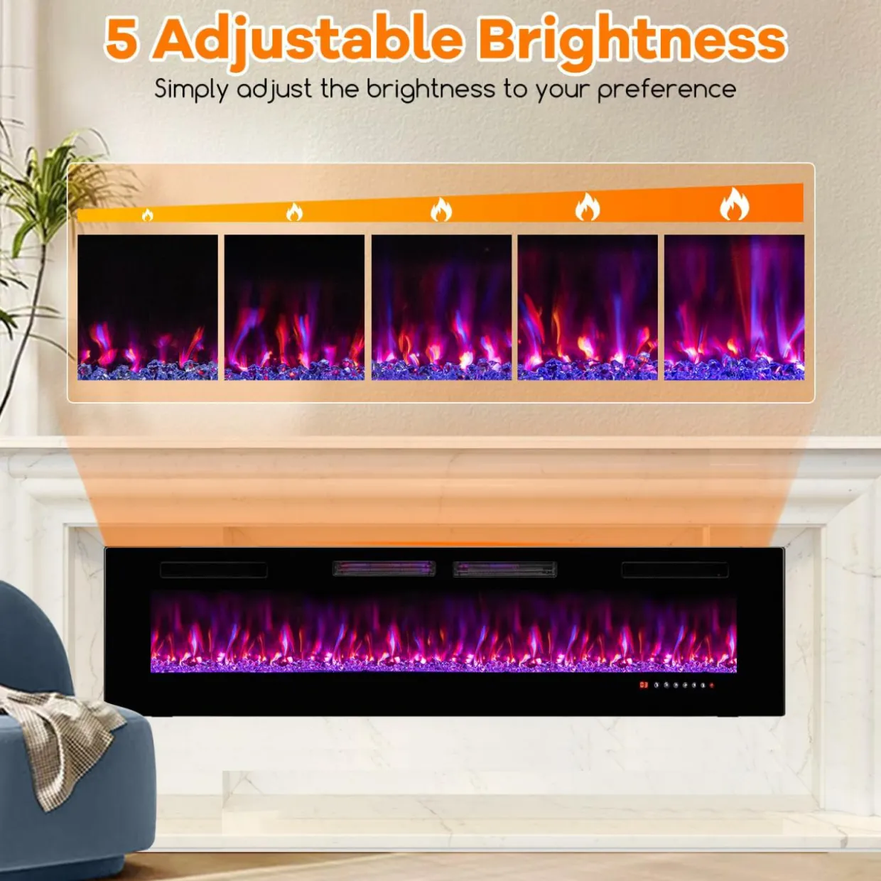 Tangkula 42/50/60/72 Inches Ultra-Thin Electric Fireplace, Wall-Mounted & Recessed Fireplace Heater with Smart APP Control, Compatible with Alexa