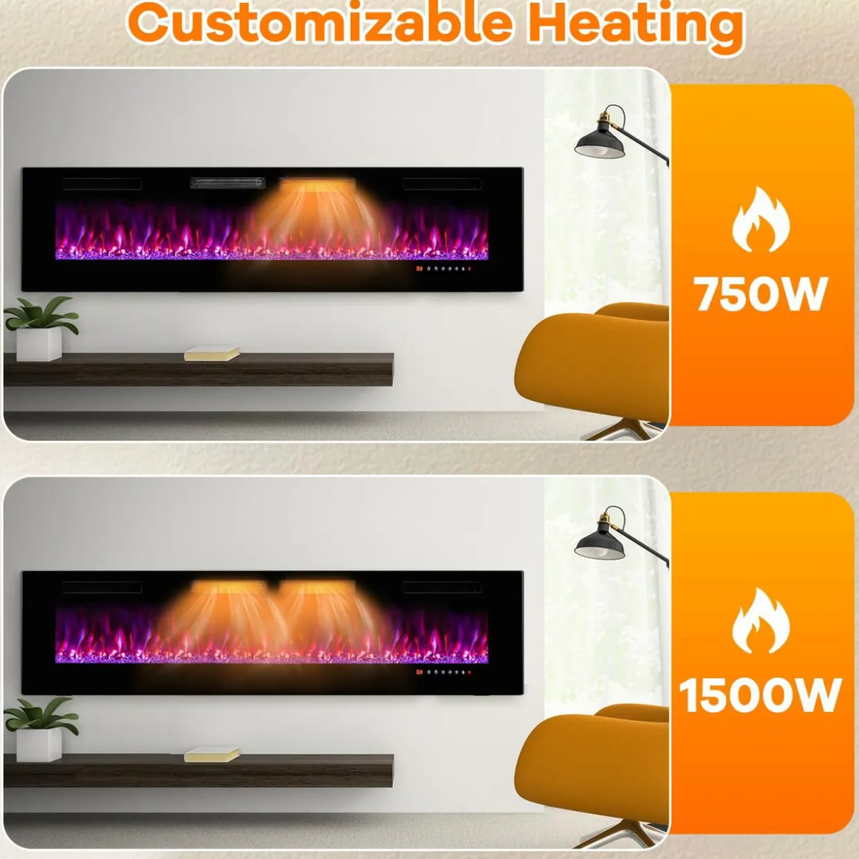 Tangkula 42/50/60/72 Inches Ultra-Thin Electric Fireplace, Wall-Mounted & Recessed Fireplace Heater with Smart APP Control, Compatible with Alexa