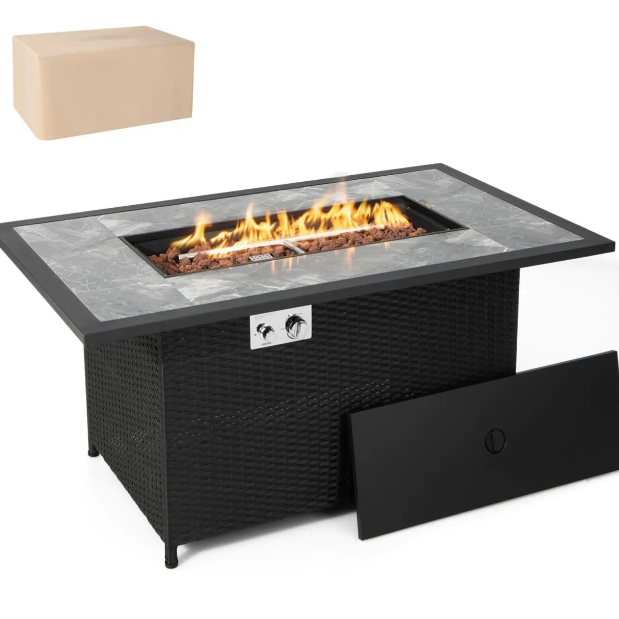 Tangkula 52 Inches Wicker Patio Propane Fire Pit Table, Patiojoy 50,000 BTU