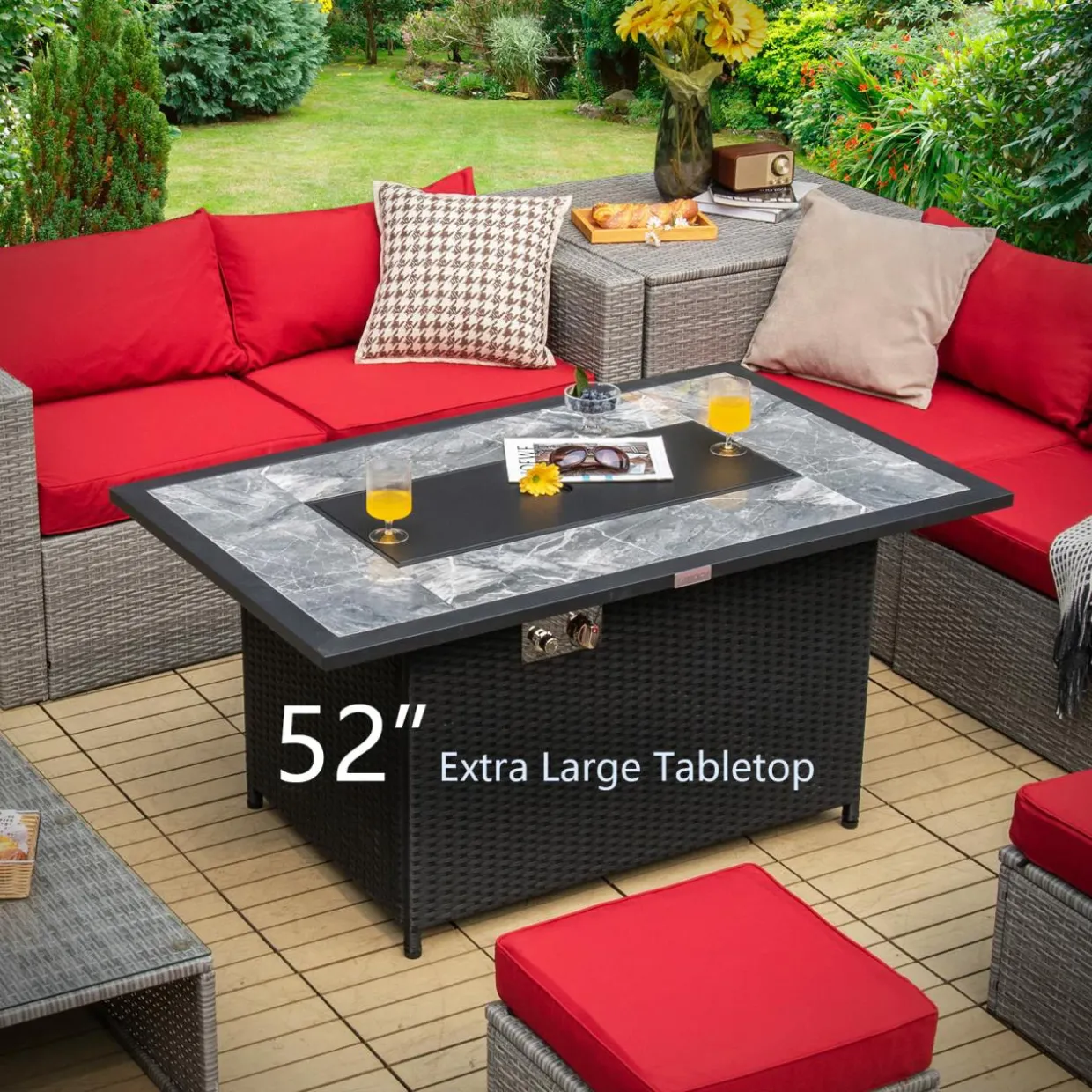 Tangkula 52 Inches Wicker Patio Propane Fire Pit Table, Patiojoy 50,000 BTU