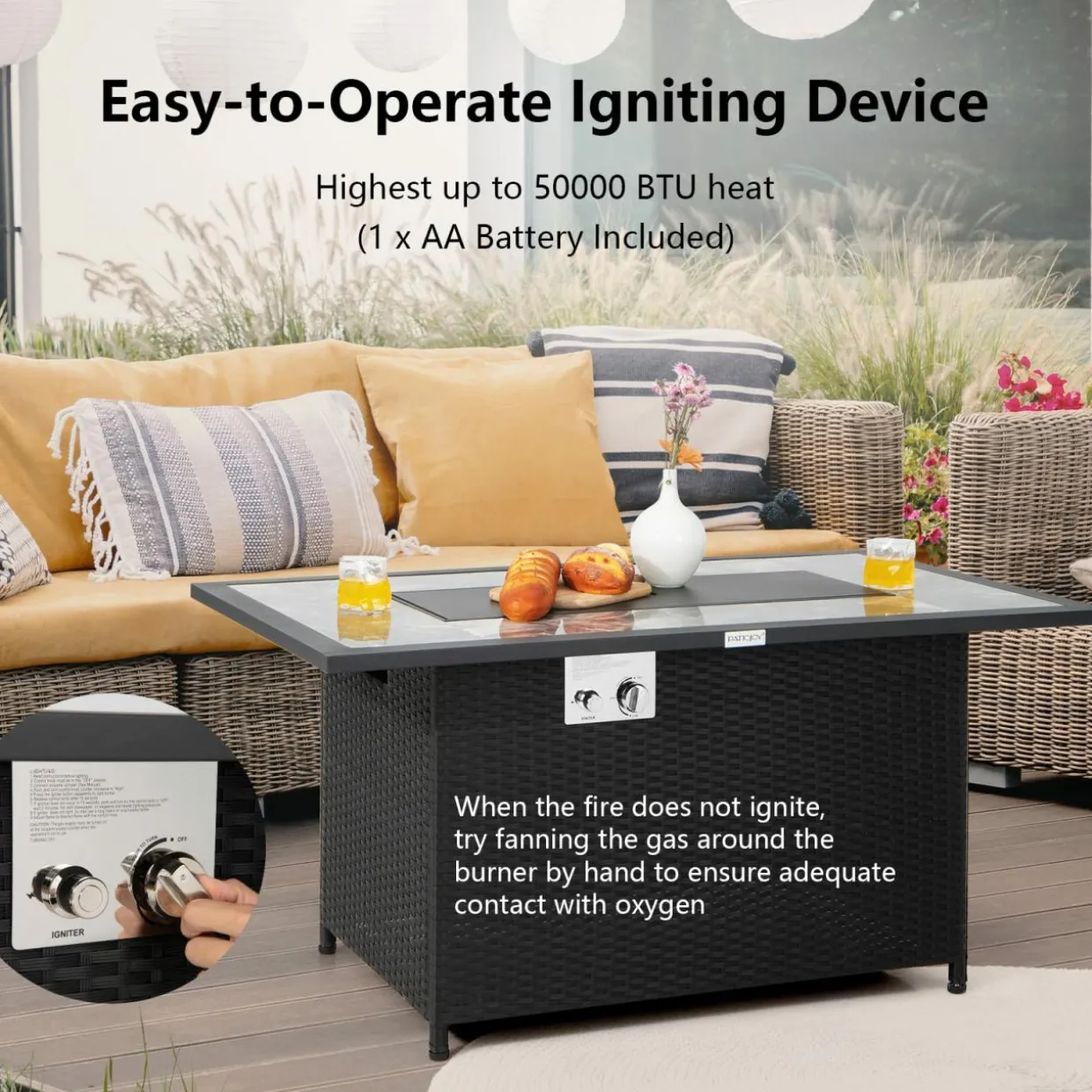 Tangkula 52 Inches Wicker Patio Propane Fire Pit Table, Patiojoy 50,000 BTU