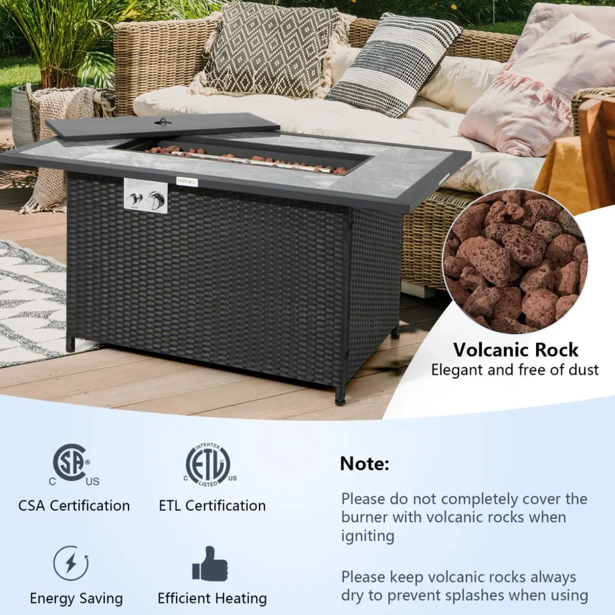 Tangkula 52 Inches Wicker Patio Propane Fire Pit Table, Patiojoy 50,000 BTU