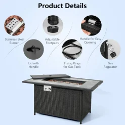 Tangkula 52 Inches Wicker Patio Propane Fire Pit Table, Patiojoy 50,000 BTU