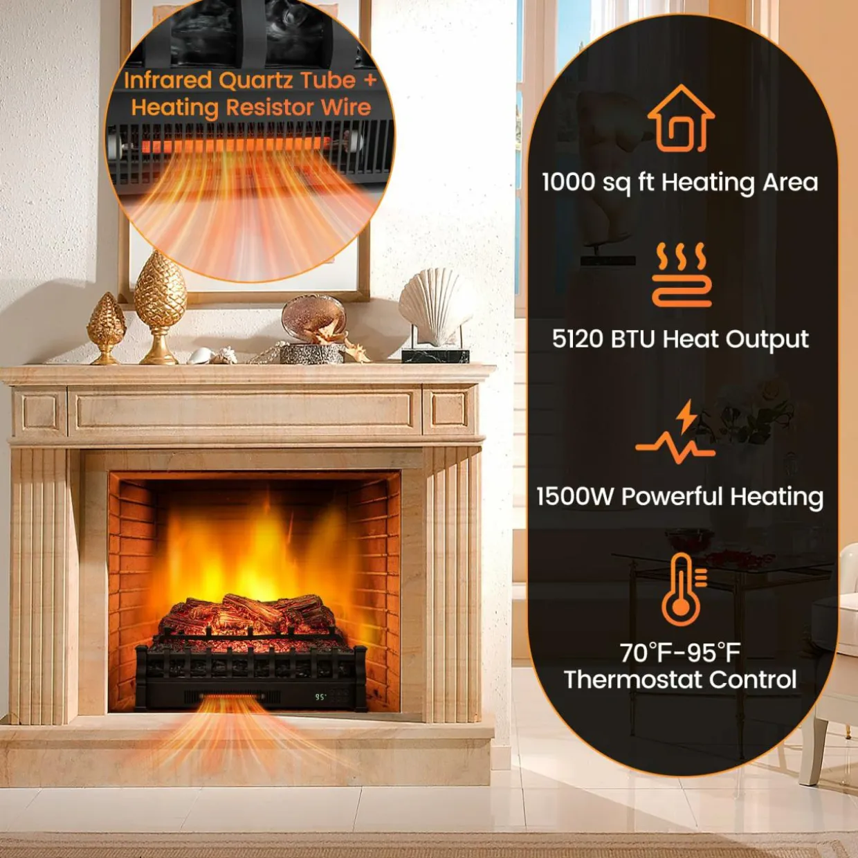 Tangkula 26" Infrared Quartz Electric Fireplace Log Heater with Realistic Pinewood Ember Bed