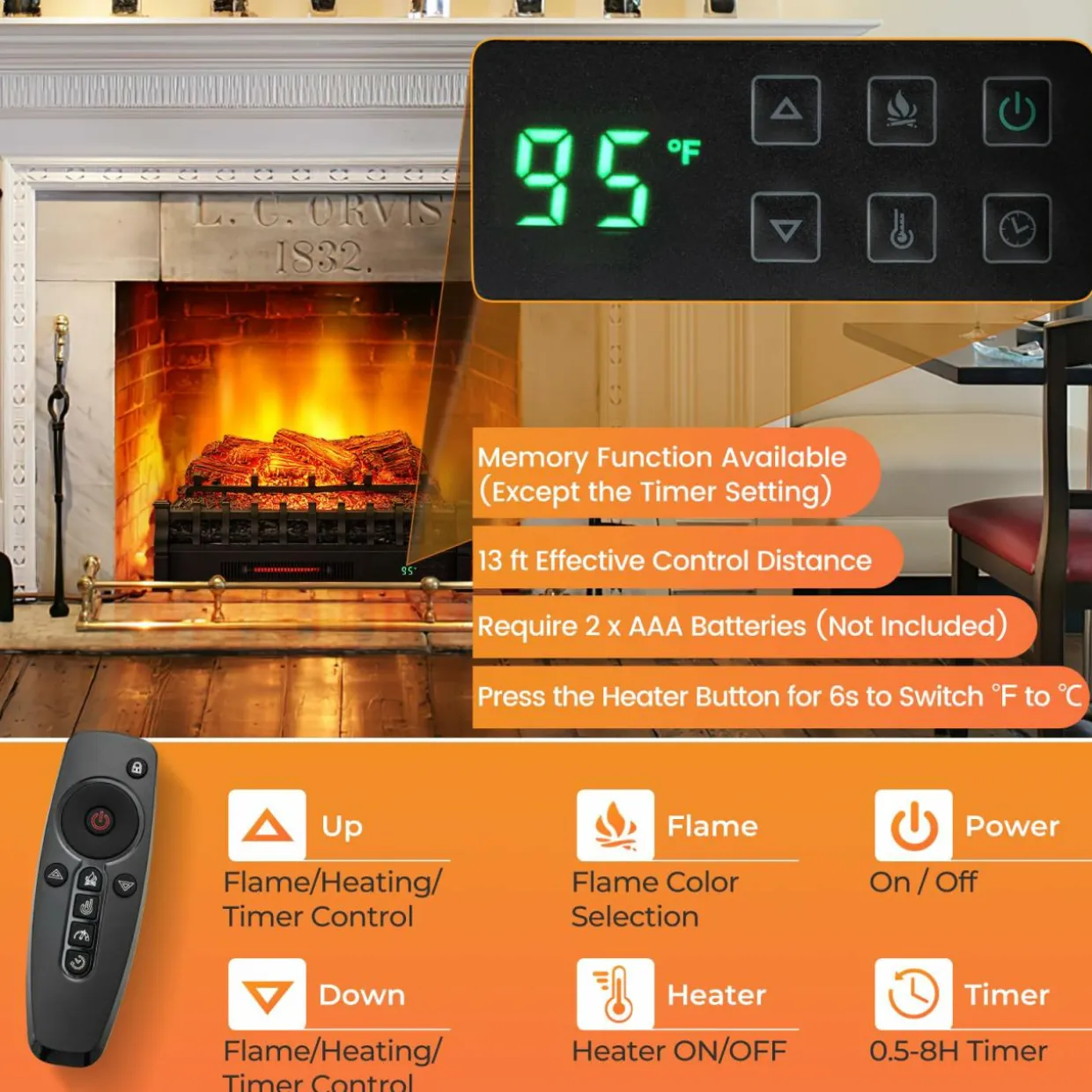 Tangkula 26" Infrared Quartz Electric Fireplace Log Heater with Realistic Pinewood Ember Bed