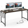 Tangkula 60” Large Computer Desk with Charging Station, Modern Simple Study Writing Desk with Storage Bag