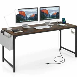 Tangkula 60” Large Computer Desk with Charging Station, Modern Simple Study Writing Desk with Storage Bag