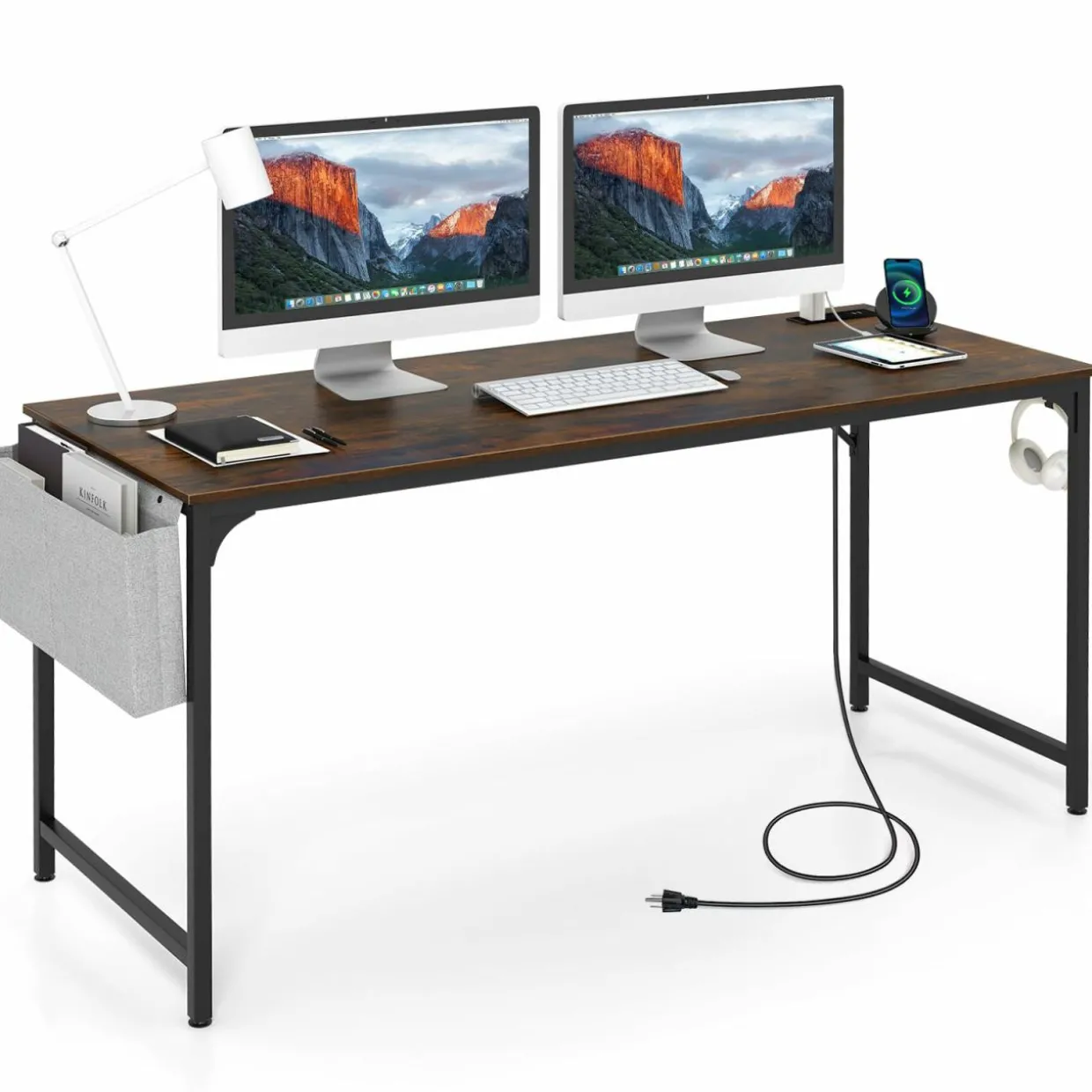 Tangkula 60” Large Computer Desk with Charging Station, Modern Simple Study Writing Desk with Storage Bag