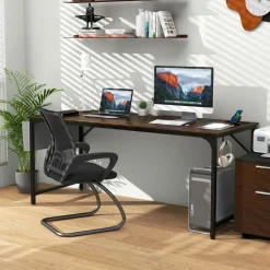 Tangkula 60” Large Computer Desk with Charging Station, Modern Simple Study Writing Desk with Storage Bag