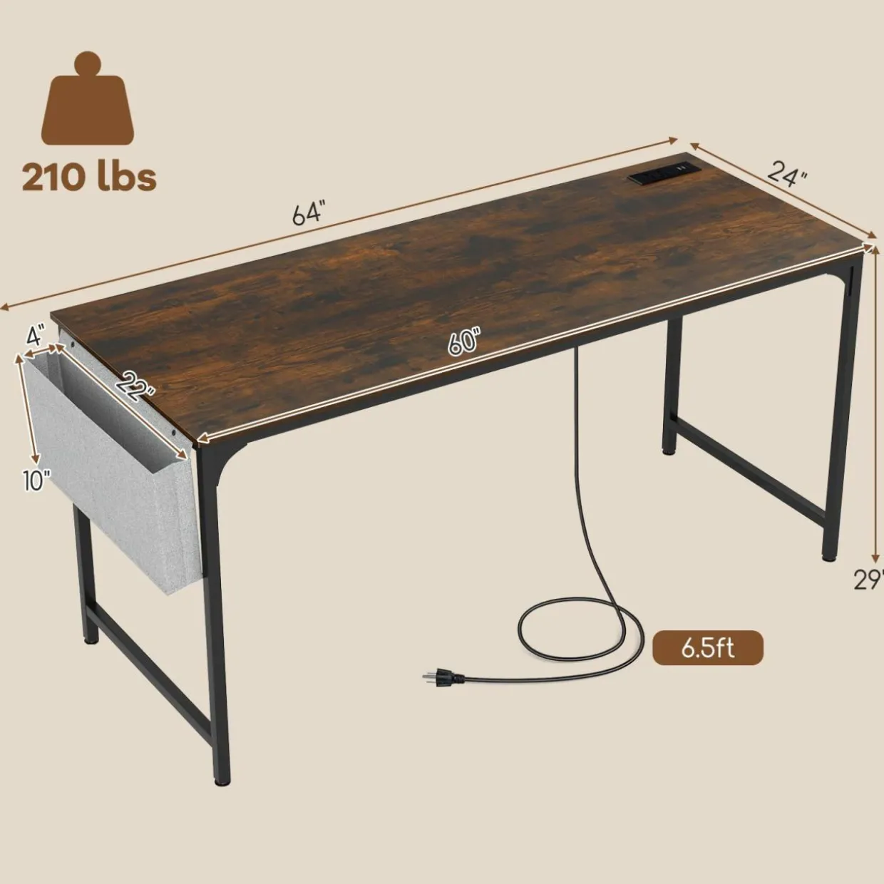 Tangkula 60” Large Computer Desk with Charging Station, Modern Simple Study Writing Desk with Storage Bag