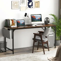 Tangkula 60” Large Computer Desk with Charging Station, Modern Simple Study Writing Desk with Storage Bag