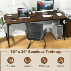 Tangkula 60” Large Computer Desk with Charging Station, Modern Simple Study Writing Desk with Storage Bag