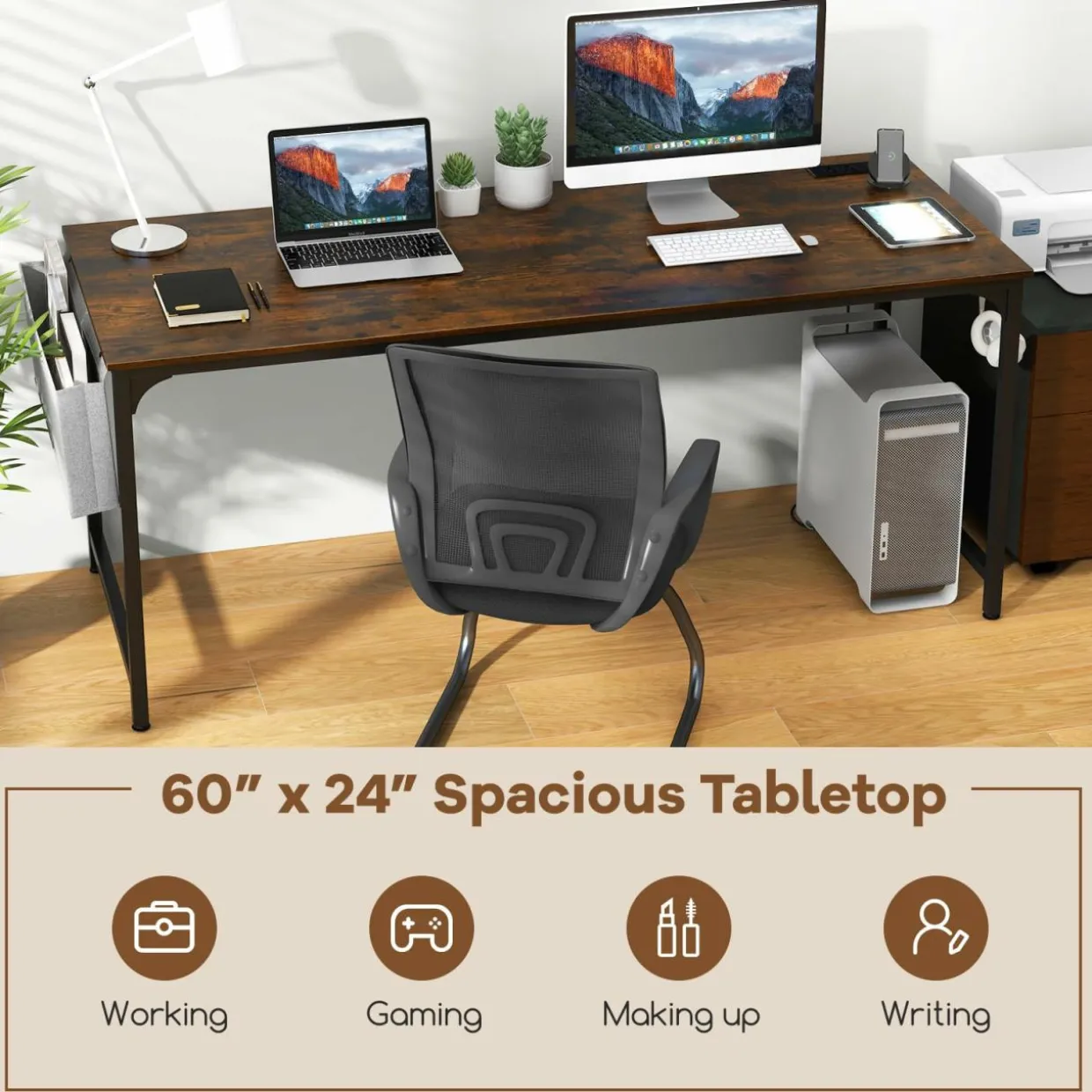 Tangkula 60” Large Computer Desk with Charging Station, Modern Simple Study Writing Desk with Storage Bag