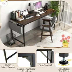 Tangkula 60” Large Computer Desk with Charging Station, Modern Simple Study Writing Desk with Storage Bag