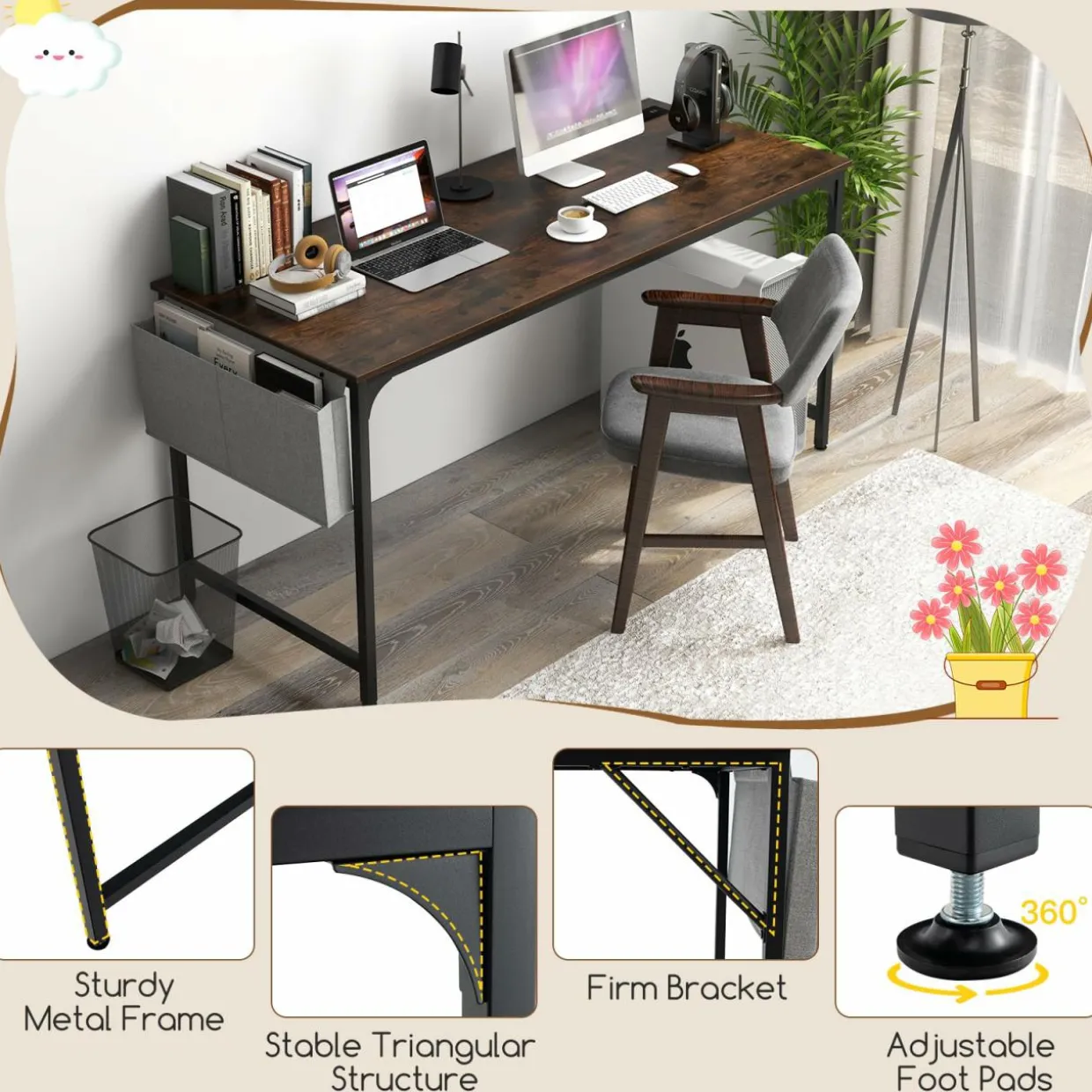 Tangkula 60” Large Computer Desk with Charging Station, Modern Simple Study Writing Desk with Storage Bag