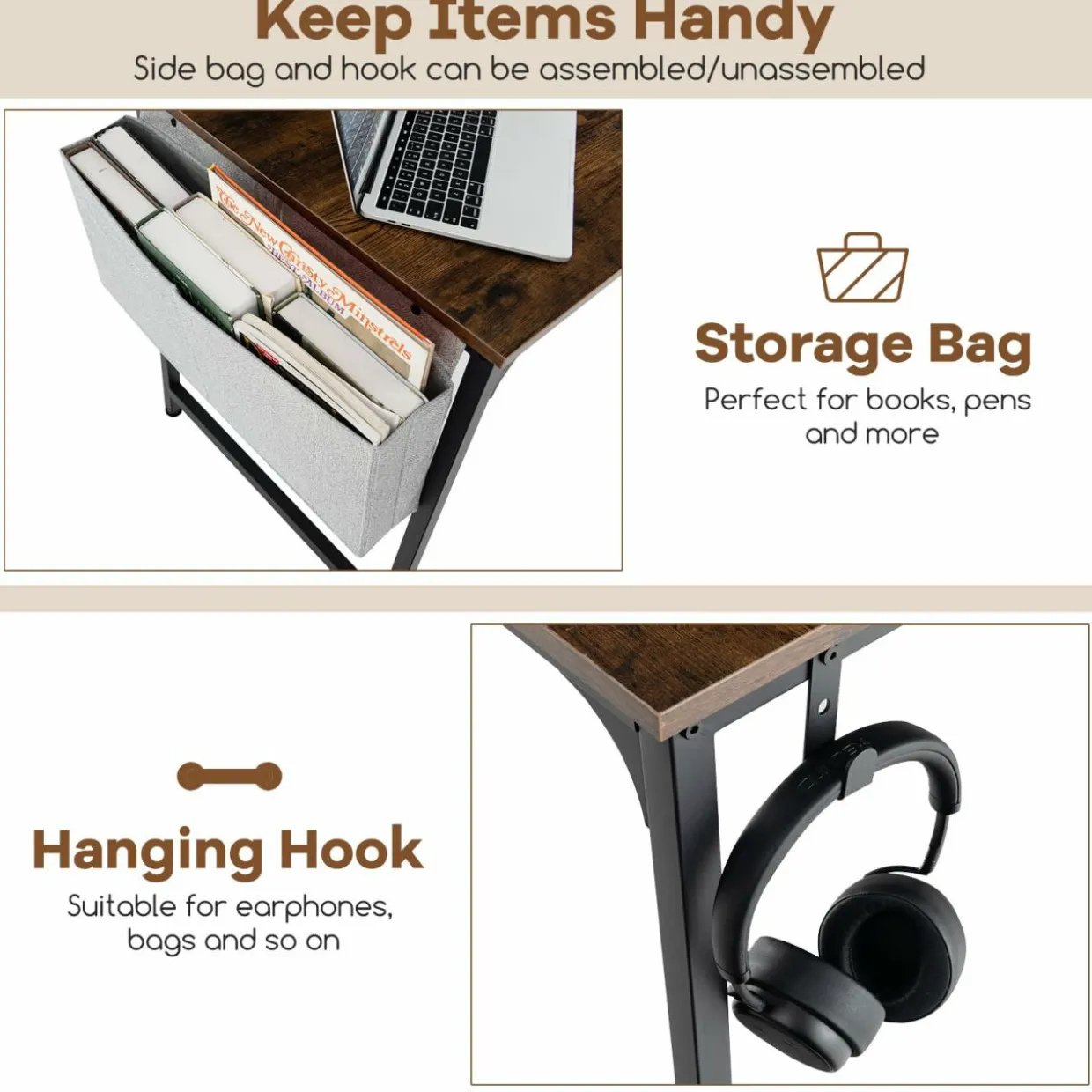 Tangkula 60” Large Computer Desk with Charging Station, Modern Simple Study Writing Desk with Storage Bag