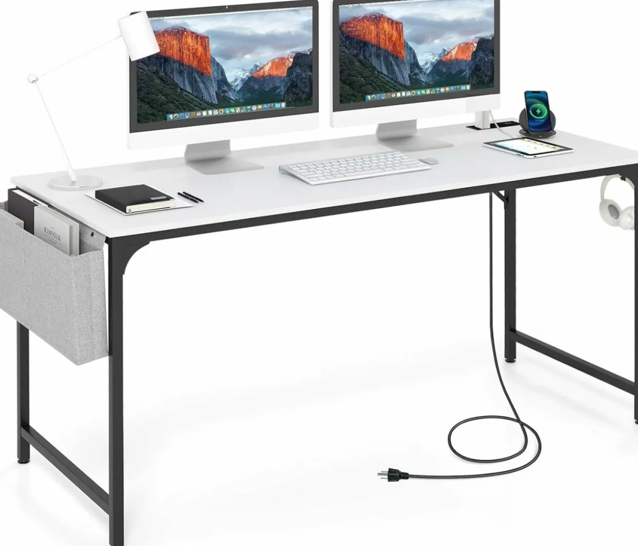 Tangkula 60” Large Computer Desk with Charging Station, Modern Simple Study Writing Desk with Storage Bag