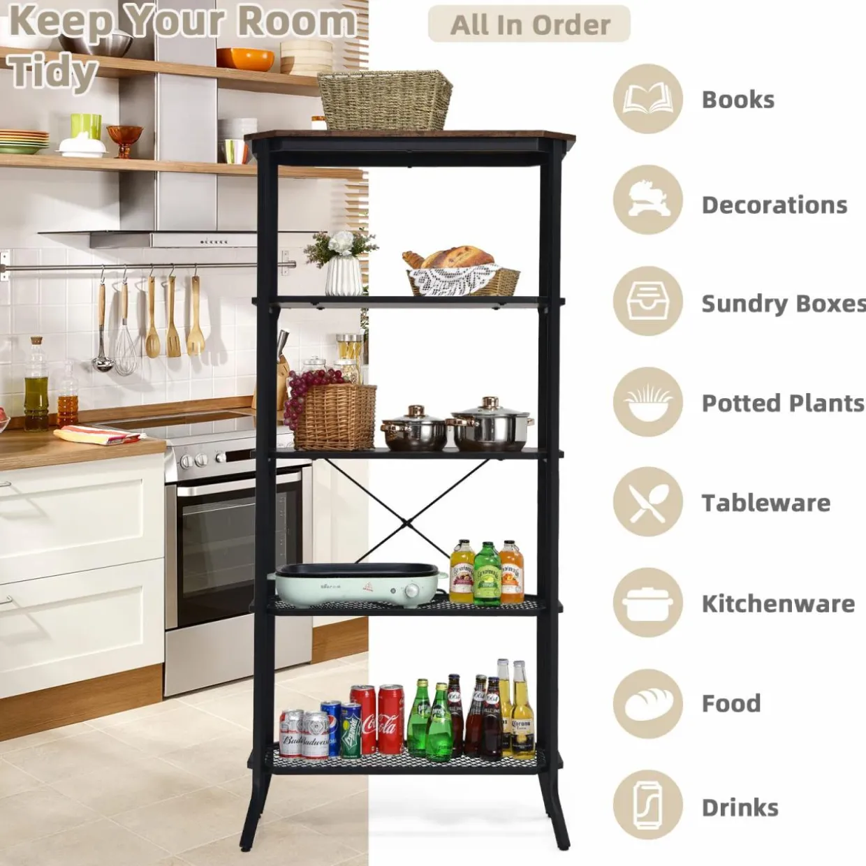 Tangkula 5 Layer Bookshelf, Freestanding Storage Shelving Unit with Steel Frame