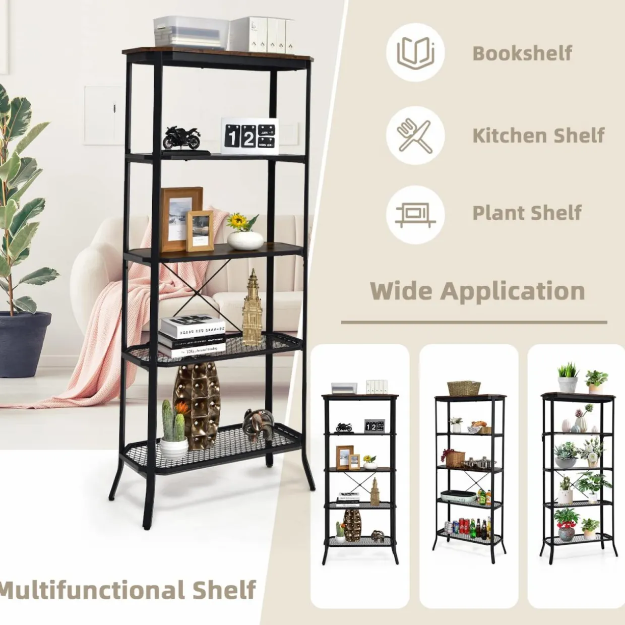 Tangkula 5 Layer Bookshelf, Freestanding Storage Shelving Unit with Steel Frame
