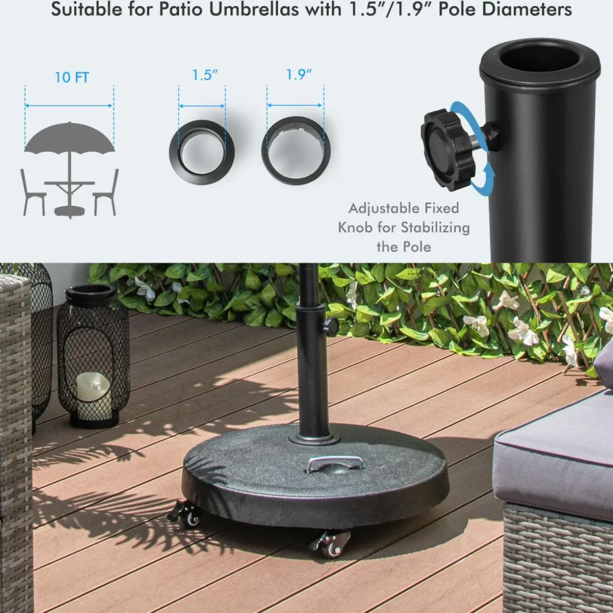 Tangkula 51 lbs Patio Umbrella Base with Wheels, 20.5 Inches Heavy Duty Round Outdoor Umbrella Stand for 10 ft Table Market Offset Umbrella