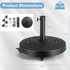Tangkula 51 lbs Patio Umbrella Base with Wheels, 20.5 Inches Heavy Duty Round Outdoor Umbrella Stand for 10 ft Table Market Offset Umbrella