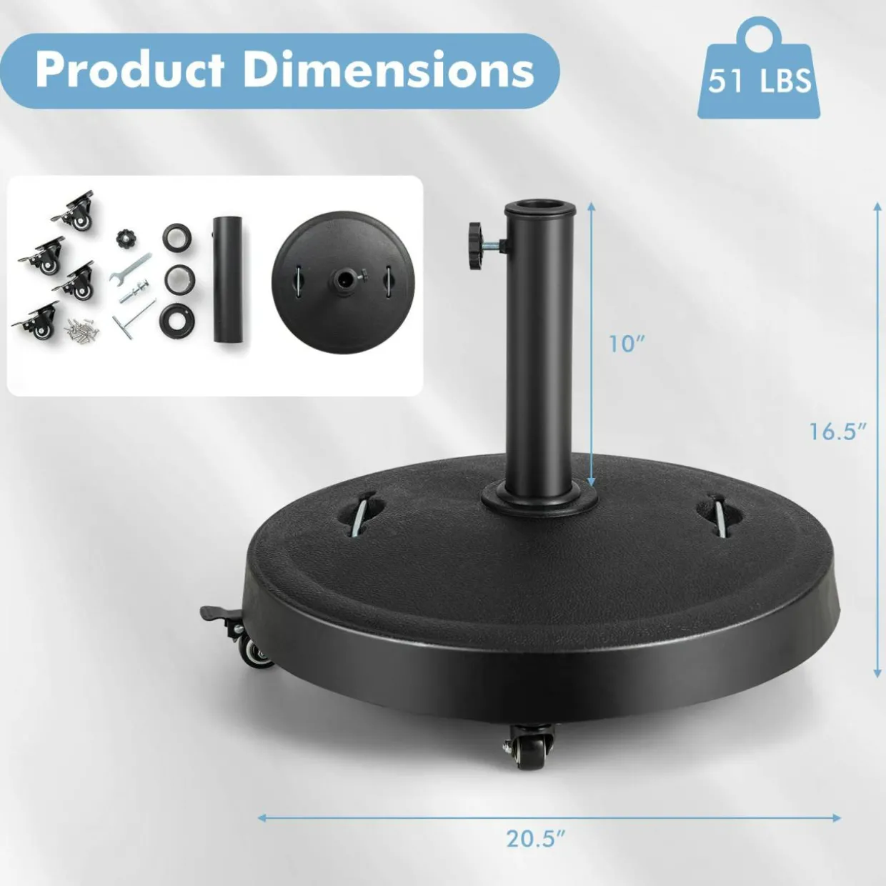 Tangkula 51 lbs Patio Umbrella Base with Wheels, 20.5 Inches Heavy Duty Round Outdoor Umbrella Stand for 10 ft Table Market Offset Umbrella