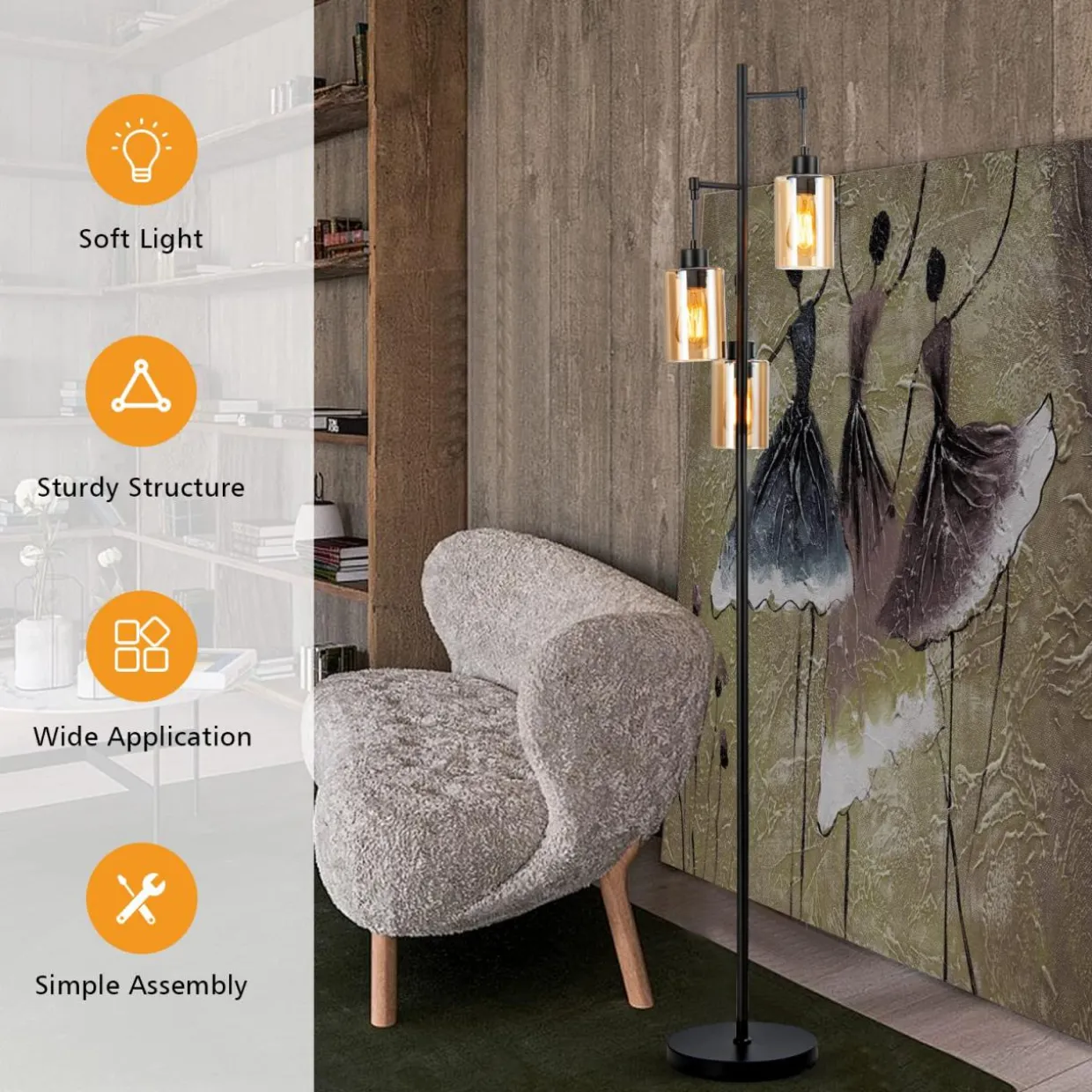 Tangkula 3 Lights Floor Lamp, Retro Floor Lamp