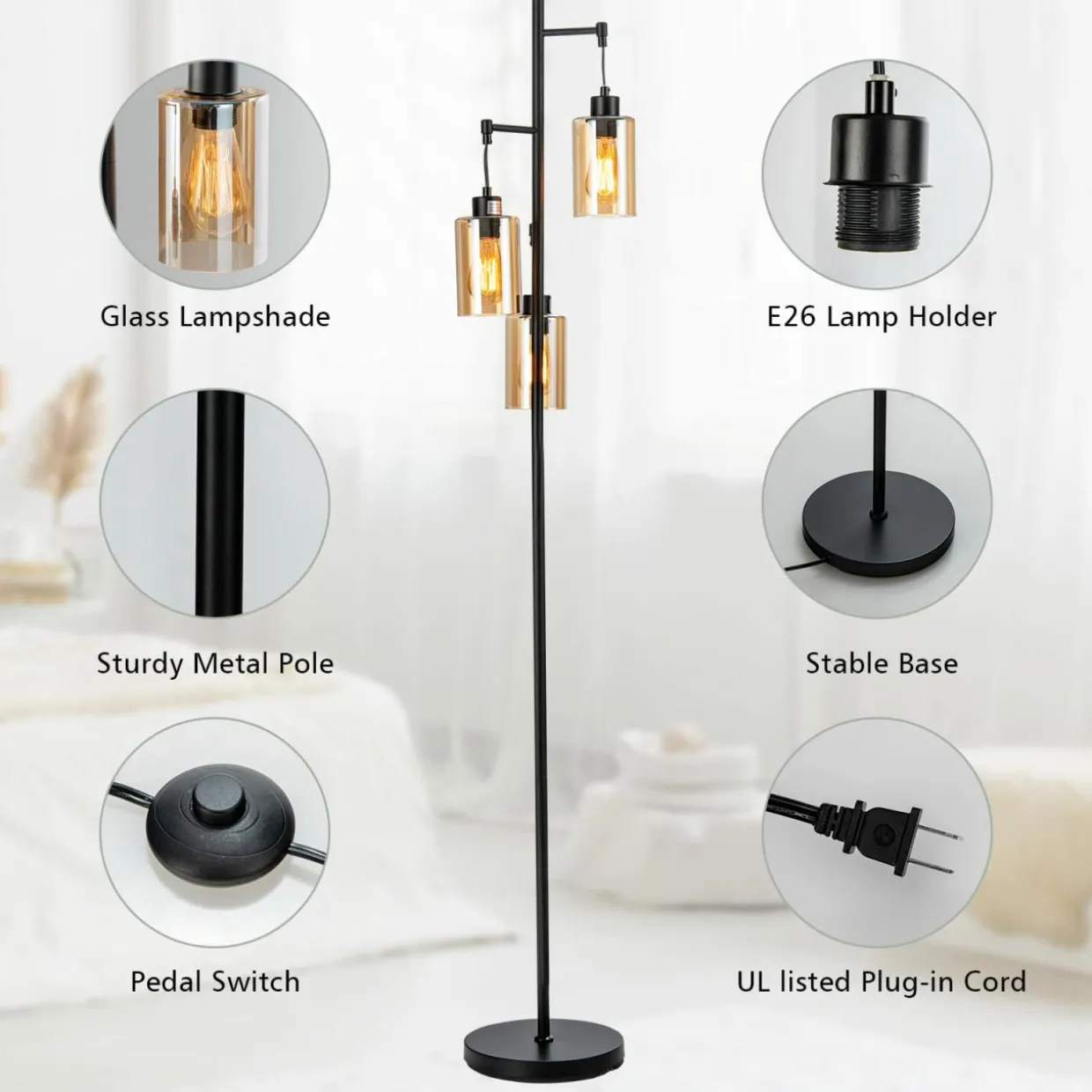 Tangkula 3 Lights Floor Lamp, Retro Floor Lamp