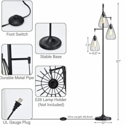 Tangkula 3 Lights Industrial Floor Lamp, Rustic 3-Head Tall Lamp, 67Inch Metal Standing Lamp, Tree Lamp with 3 Hanging Lampshade