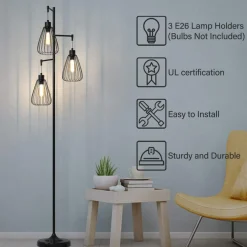 Tangkula 3 Lights Industrial Floor Lamp, Rustic 3-Head Tall Lamp, 67Inch Metal Standing Lamp, Tree Lamp with 3 Hanging Lampshade