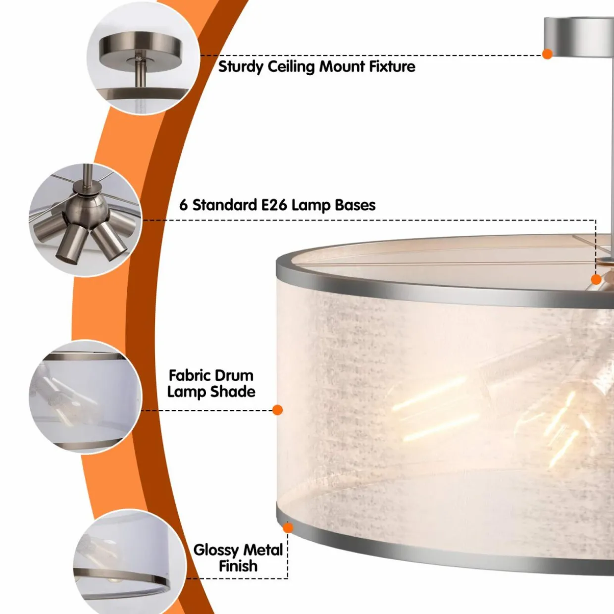 Tangkula 6 Lights Industrial Ceiling Light, Semi Flush Mount Light Fixture with Metal Hanging Kit