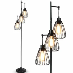 Tangkula 3 Lights Industrial Floor Lamp, Rustic 3-Head Tall Lamp, 67Inch Metal Standing Lamp, Tree Lamp with 3 Hanging Lampshade