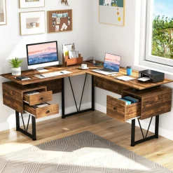 Tangkula 59" L-Shaped Office Desk with 3 Drawers & Charging Station